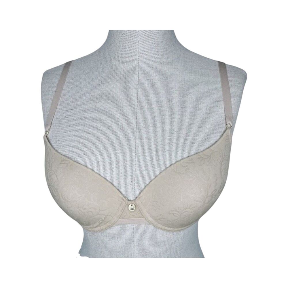 Natori Sheer Jacquard Full Fit T-Shirt Bra sz 32C * Lined Cafe Beige Nude Lace